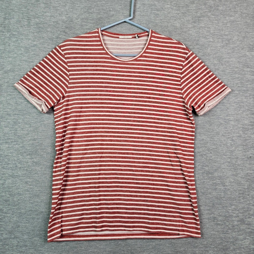 IKKS Men Red White Striped Short Sleeve T-Shirt Crew Neck Rolled Cuff Sz L